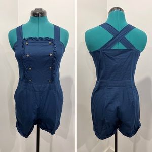 NWT Navy Romper with Ruffle Front, Button Detail, Adjustable Straps and POCKETS!
